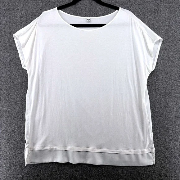 Uniqlo Womens XL White Jersey Satin Cap Sleeve Blouse White Casual Flowy - Picture 2 of 8